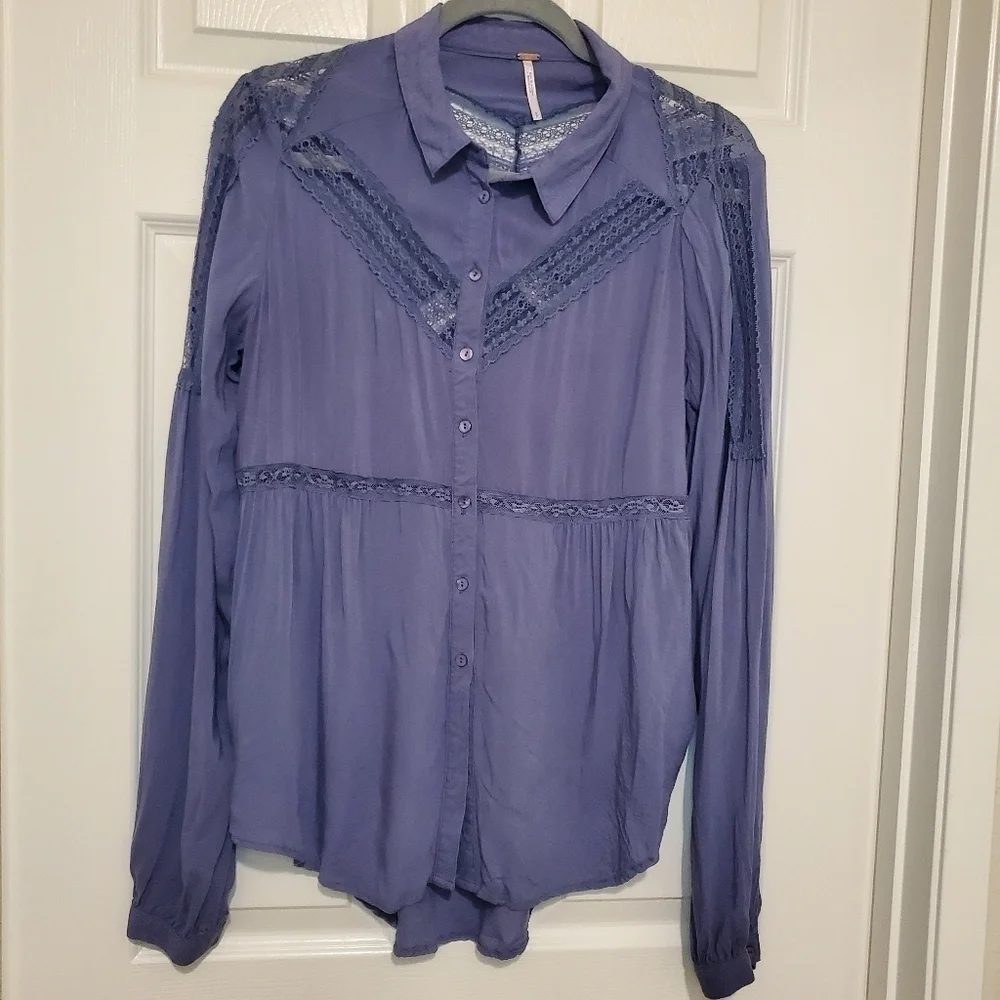 Free People Wild Wind Lace Button Down Shirt Sz S